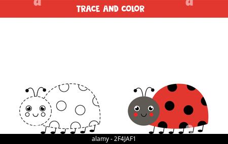 Trace et couleur adorable coccinelle. Jeu éducatif pour les enfants. Pratique de l'écriture et de la coloration. Illustration de Vecteur