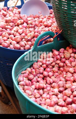 Pile de l'ail et l'échalote dans le marché Banque D'Images