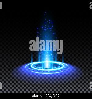 Portail hologramme bleu. Portail Magic FANTASY. Podium téléport cercle magique avec effet hologramme. Rayons lumineux vectoriels bleus avec étincelles sur transparent Illustration de Vecteur