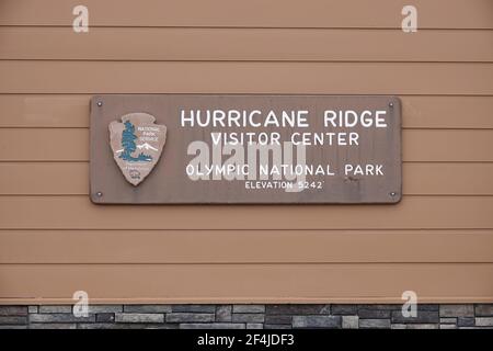 Panneau du centre d'accueil Hurricane Ridge (parc national olympique) Banque D'Images