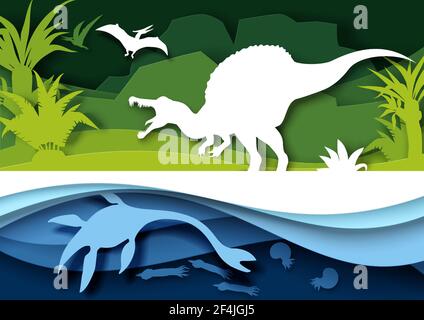 Silhouettes dino coupées en papier et paysage de la nature, illustration vectorielle. Dinosaure, animal sauvage reptile. Archéologie, histoire Illustration de Vecteur