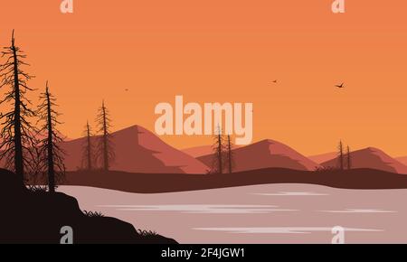 Vue fantastique sur les montagnes depuis la rive au crépuscule. Illustration vectorielle d'une ville Illustration de Vecteur