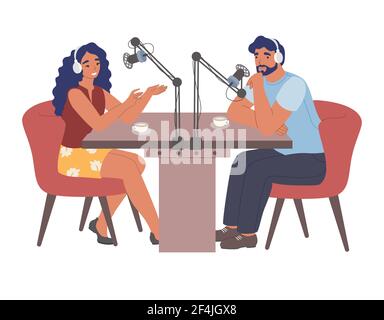 Personnes dans le casque d'écoute d'enregistrement de podcast audio en studio avec des microphones, illustration vectorielle plate. Entretien avec un hôte radio. Illustration de Vecteur
