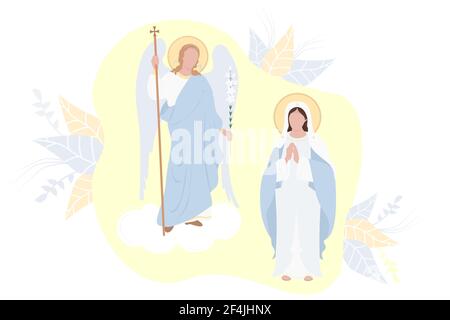 Annonciation du très Saint Théotokos. La Vierge Marie, mère du Christ dans une maforie bleue et l'Archange Gabriel avec un nénuphar sur fond de décor Illustration de Vecteur