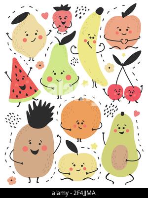 Ensemble mignon de fruits Doodle dessinés à la main. Collection drôle de personnages puériles. Citron, pêche, ananas, poire, orange, fraise, avocat, banane Illustration de Vecteur