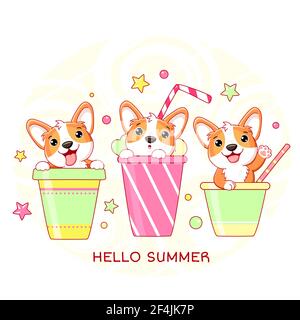 Bonjour été. Carte de vacances avec un joli chien corgi dans des gobelets à cocktail. Collection de chiens avec différentes émotions - drôle, heureux, surpris, en sortant t Illustration de Vecteur
