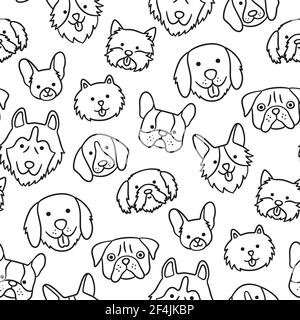 Motif sans couture avec têtes de chiens de différentes races. Corgi, Pug, Chihuahua, Terrier, Husky, Poméranie. Illustration de Vecteur