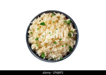 Riz blanc simple avec feuilles de persil, grenaille au-dessus, isolé Banque D'Images