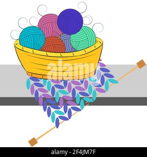 Balles de laine dans un panier et tricots. Vecteur EPS 10 sur fond blanc. Illustration de Vecteur