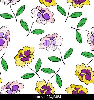 Pansies sur fond blanc. Pour le tissu, les vêtements pour bébés, le fond, le textile, le papier d'emballage et autres décorations. Motif vectoriel sans couture EPS 10 Illustration de Vecteur