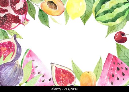 Mélange de fruits tropicaux, cadre, bordure. Fond carré coloré avec fruits aquarelle. Contexte de l'emballage, des cartes et des affiches. Banque D'Images