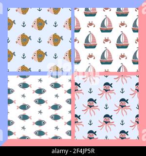 Ensemble de motifs pour textiles de bébé. Thème marin. Design délicat pour les puillotes. Illustration vectorielle Illustration de Vecteur