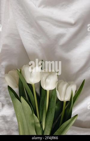 Bouquet de tulipes blanches de printemps sur le lit Banque D'Images