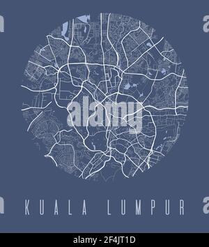 Affiche carte Kuala Lumpur. Plan de la ville au design décoratif. Panorama urbain aria silhouette vue aérienne, style typographique. Terrain, rivière, autoroutes Illustration de Vecteur