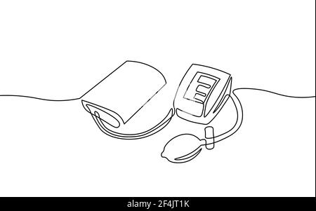 Tonomètre médical 3D à faible teneur en poly électronique pour la mesure de la pression artérielle. Analyse de vérification médicale. Une ligne monochrome continue simple Illustration de Vecteur