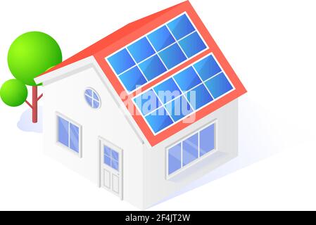 Maison isolée sur fond blanc avec panneaux solaires sur le toit. Respect de l'environnement. Illustration isométrique à vecteur plat. Illustration de Vecteur