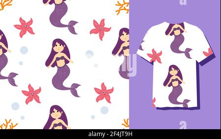 Motifs sans couture sous l'eau Mermaid Vector Illustration animaux de mer mignon personnages de dessin animé avec poisson, tortue, pieuvre, hippocampe, crabe Illustration de Vecteur