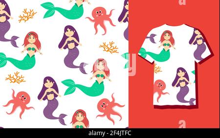 Motifs sans couture sous l'eau Mermaid Vector Illustration animaux de mer mignon personnages de dessin animé avec poisson, tortue, pieuvre, hippocampe, crabe Illustration de Vecteur