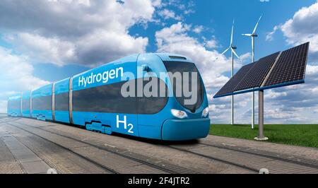 Train alimenté par l'hydrogène avec des éoliennes et des panneaux solaires. Obtenir de l'hydrogène vert à partir de sources d'énergie renouvelables Banque D'Images