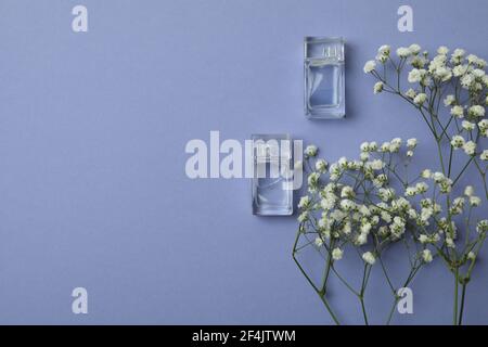 Mini-bouteilles de parfum et fleurs de gypsophile blanches sur un fond violet, composition plate au parfum délicat Banque D'Images