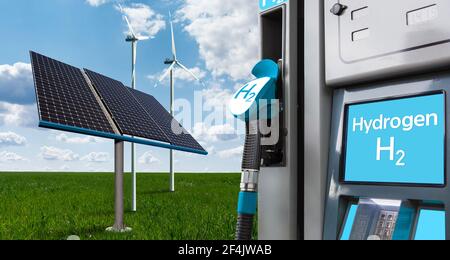 Station de gaz hydrogène avec éoliennes et panneaux solaires en arrière-plan. Obtenir de l'hydrogène vert à partir de sources d'énergie renouvelables Banque D'Images