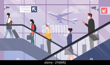 Les voyageurs portant un masque facial à l'aéroport voyagent pendant la pandémie du coronavirus : la prévention du covid-19 et le nouveau concept normal Illustration de Vecteur