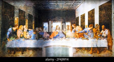 La Cène (il Cenacolo ou l'Ultima Cena ) Vers 1495–96 par la peinture murale Leonardo da Vinci Banque D'Images