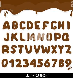 L'alphabet et les chiffres du chocolat font police et le chocolat fondu sur fond blanc. Banque D'Images