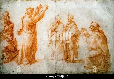 Étude pour la prédication de San Paul à Athènes par Raffaello Sanzio connu sous le nom de Raffaello (1483-1520) environ 1514-1515 craie rouge sur stylet Banque D'Images