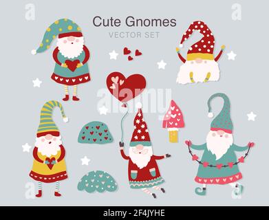 Dessin animé GNOME illustration vecteur de vacances heureux mignon personnage clip art. Hat design salutation fond drôle isolé ensemble carte de noël décoration. Illustration de Vecteur