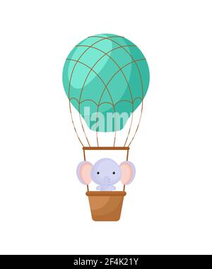 Joli petit éléphant voler sur le ballon d'air chaud vert. Personnage de dessin animé pour les enfants livre, album, douche de bébé, carte de voeux, invitation de fête, maison Illustration de Vecteur