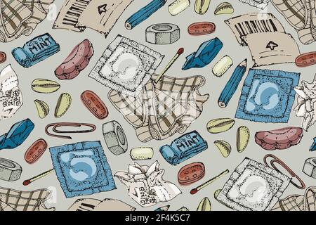 Motif vectoriel sans couture. De sa poche. Éléments vectoriels isolés : trombone, condom, chewing-gum, biscuit, noix, mouchoir, chèque, reçu Illustration de Vecteur