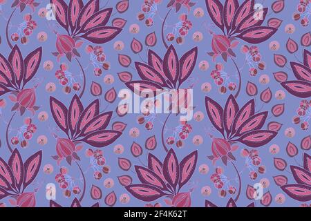 Motif sans couture de vecteur floral d'art. Fabuleuses fleurs roses, fruits et baies isolés sur fond bleu. Pour tissu, textile pour la maison et la cuisine Illustration de Vecteur