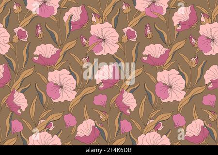 Motif sans couture de vecteur floral d'art. Fleurs roses avec branches, feuilles et pétales isolées sur fond ocre foncé Illustration de Vecteur