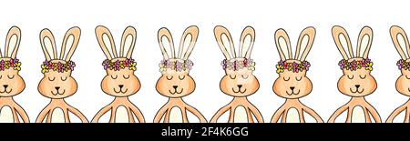 Bordure sans couture de lapin peinte. Répétition du motif horizontal avec des lapins tenant les mains portant des couronnes de fleurs. Joli lapin art pour cartes de Pâques, ruban Banque D'Images