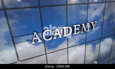 Académie sur verrière. Ciel en miroir et façade moderne de la ville. Éducation publique, apprentissage, école secondaire et université concept 3D rendu illustrati Banque D'Images