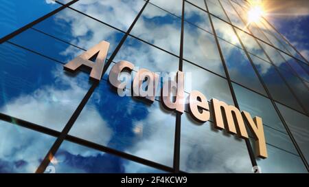 Académie sur verrière. Ciel en miroir et façade moderne de la ville. Éducation publique, apprentissage, école secondaire et université concept 3D rendu illustrati Banque D'Images