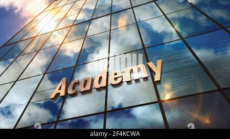 Académie sur verrière. Ciel en miroir et façade moderne de la ville. Éducation publique, apprentissage, école secondaire et université concept 3D rendu illustrati Banque D'Images