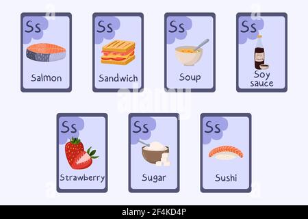 Flashcard à l'alphabet coloré lettre S - saumon, sandwich, soupe, sauce soja, fraise, sucre, sushi. Illustration de Vecteur