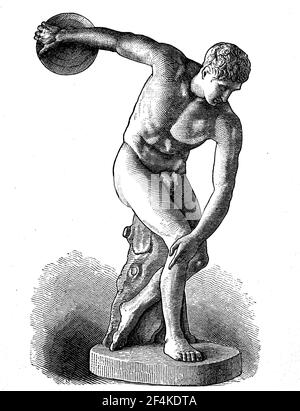 Discobolos, lanceur de discus, par Myron, c. 500 C.-B. - 440 C.-B., était l'un des sculpteurs grecs les plus importants de la Grèce antique / Diskobolos, Diskuswerfer, von Myron, UM 500 c. Chr. - 440 v. Chr., war einer der bedeutenden griechischen Bildhauer der griechischen Antike, Historisch, historique, numérique reproduction améliorée d'un original du XIXe siècle / digitale Reproduktion einer Originalvorlage aus dem 19. Jahrhundert Banque D'Images