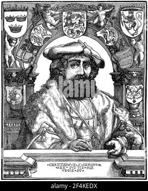 Christian II, du 1er juillet 1481 au 25 janvier 1559, fut roi du Danemark et de Norvège de 1513 à 1523, et roi de Suède de 1520 à 1523 / Christian II, 1. Juillet 1481 - 25. Januar 1559, war von 1513 bis 1523 König von Dänemark und Norwegen von 1520 bis 1523 König von Schweden, Historisch, Historical, digital reproduction améliorée d'un original du 19ème siècle / digitale Reproduktion einer Originalvorlage aus dem 19. Jahrhundert Banque D'Images