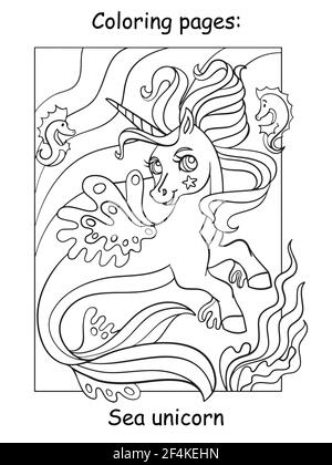 Jolie licorne de mer avec longue queue et manne. Page de livre de coloriage pour les enfants. Illustration de dessin animé vectoriel isolée sur fond blanc. Pour livre de coloriage Illustration de Vecteur