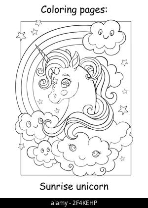 Belle licorne avec arc-en-ciel et nuages. Page de livre de coloriage pour les enfants. Illustration de dessin animé vectoriel isolée sur fond blanc. Pour colorier b Illustration de Vecteur