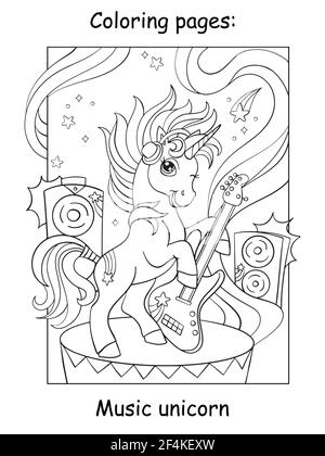 licorne mignon et cool avec guitare. Page de livre de coloriage pour les enfants. Illustration de dessin animé vectoriel isolée sur fond blanc. Pour livre de coloriage, educa Illustration de Vecteur