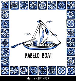Portugal sites touristiques ensemble. Bateau Rabelo, bateau à vin. Bateau traditionnel Porto dans le cadre de tuiles portugaises, azulejo. Vecteur de style d'esquisse dessiné à la main Illustration de Vecteur