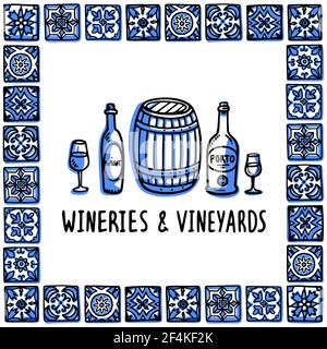 Portugal sites touristiques ensemble. Visite des vignobles et des caves de vinification. Bouteilles, verres de vin et tonneau de vin dans le cadre de tuiles portugaises. Vecteur de style d'esquisse Illustration de Vecteur