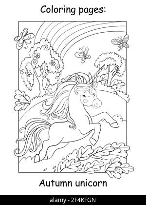 Jolie licorne de course dans la forêt d'automne. Page de livre de coloriage pour les enfants. Illustration de dessin animé vectoriel isolée sur fond blanc. Pour colorier Illustration de Vecteur