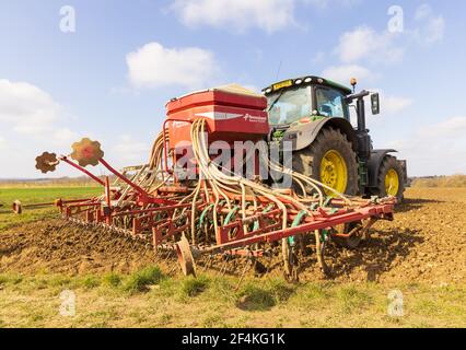 Tracteur avec semoir semant des semences au printemps. Vue arrière. Hertfordshire. ROYAUME-UNI Banque D'Images