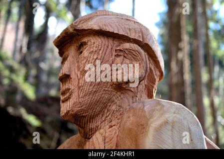 Sculpture en bois faite à la main dans une forêt de Vaduz au Liechtenstein 17.2.2021 Banque D'Images