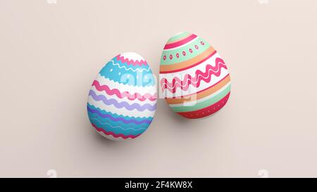 Joyeux Pâques. Deux œufs colorés décorés en rendu 3D. Motif, texture et couleur différents. Œuf de pâques isolé pour les vacances de printemps Banque D'Images